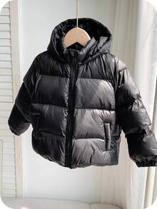 SHEIN Young Boy Black Loose Fit Casual Thick Quilted Hooded Jacket, Suitable For Autumn/Winter Fall - Black - View 5