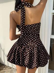 SHEIN EZwear 女式性感波尔卡圆点印花露背挂脖迷你连衣裙，夏季 - 棕色 - 查看 2