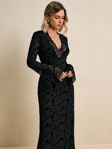 Poéselle Elegant Black Floral Lace Maxi Dress For Women,Autumn V Neck Long Sleeve Evening Gown,Gothic Formal Party Dining Dress,Vintage Inspired - Black - View 8