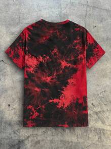 AXEPEAK 男士棉质大理石纹标语贴片扎染短袖 T 恤，适合外出、朋友聚会、夏季 - 紅色 - 查看 2