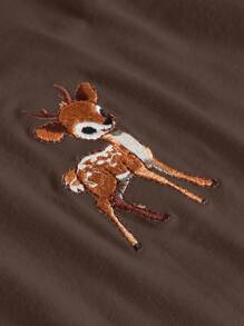 ROMWE J-Fashion 可爱鹿刺绣蕾丝上衣搭配鹿印花喇叭裤 - 棕色 - 查看 8