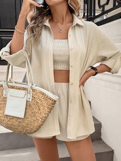 SHEIN LUNE Set de 3 piezas de mujer para vacaciones casuales: cárdigan, top tubo y shorts