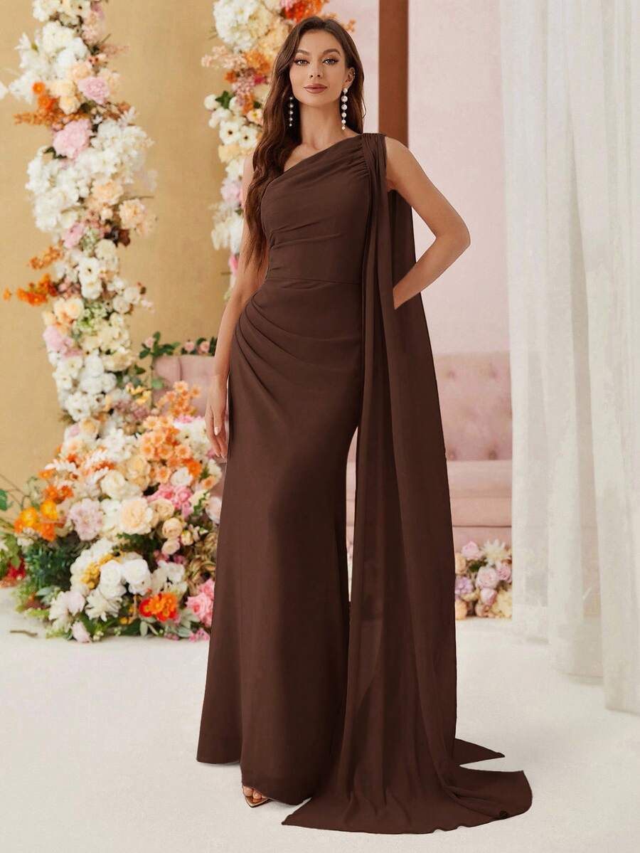 SHEIN Belle Chiffon Bridesmaid Dress With Asymmetric Shoulder And Draped Detailing (Adult)