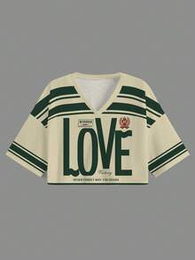 Slaydiva 2025 Summer New Arrival/Streetwear/Back To School/Cropped Top/Mesh Top/Y2K/Love Letter Print Short Sleeve T-Shirt, Suitable For Sports, Suitable For Summer Chic
