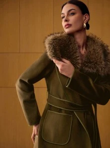 MOTF PREMIUM DETACHABLE FUZZY COLLAR OVERCOAT - Dark Green - View 8