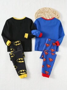SUPERMAN X Cozy Pixies 4pcs Young Boy Cartoon Pattern Knit Soft Crew Neck Long Sleeve Top And Elastic Waist Long Pants Snug Fit Pajama Set, Suitable For Autumn/Winter Toddler Boys Pajama Sets Boys Superhero Pajamas Kids Pajama Sets - Black - View 2