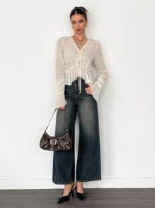 SHEIN Tall 女士纯色荷叶边前系带喇叭袖时尚衬衫奶油色系带上衣荷叶边衬衫 - 米色 - 查看 5