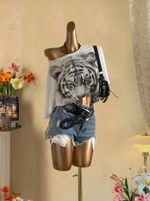 Attitoon 休闲复古街头风格老虎素描肖像图案超大不对称领口短袖T恤女款，适合夏季、音乐节、Y2K
