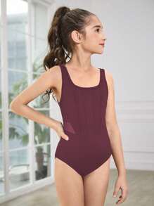 SHEIN Malla negra minimalista con empalme para niñas preadolescentes, ajuste ceñido para la escuela, entrenamiento profesional, ballet, gimnasia, estudio de danza, leotardo de danza - Burdeos - Ver 3