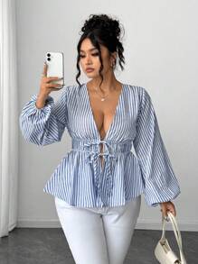 SHEIN LUNE Plus Size Women's Woven Striped Shirt, All Season Fall Cloth For Women - Multicolor - View 1