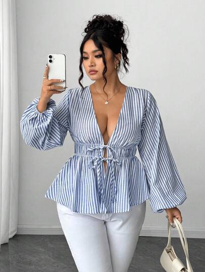 Parysyn Plus Size Women's Woven Striped Shirt, All Season Fall Cloth For Women