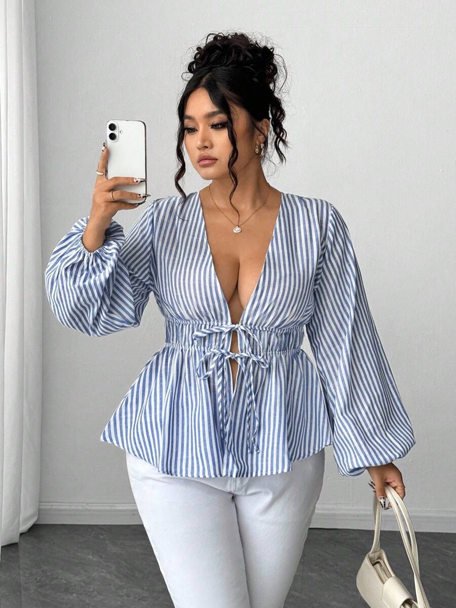 SHEIN LUNE Plus Size Women's Woven Striped Shirt, All Season Fall Cloth For Women - Multicolor - View 1