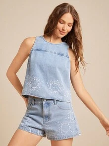 WESTFADE 圆领西部刺绣 A 字形后背带扣镂空无袖棉混纺牛仔摆上衣 - 中等水洗藍 - 查看 5