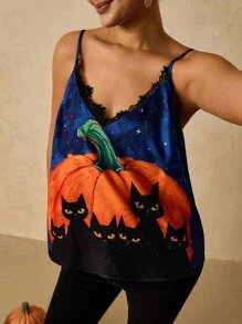 SHEIN VCAY 大码女式秋季万圣节南瓜和黑猫印花蕾丝 V 领宽松吊带背心，休闲假日 - 彩色 - 查看 4