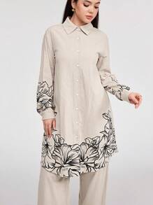 Veilorie Women'S Floral Print Long Sleeve Shirt And Pants Suit 2 Pieces Set - Apricot - View 6