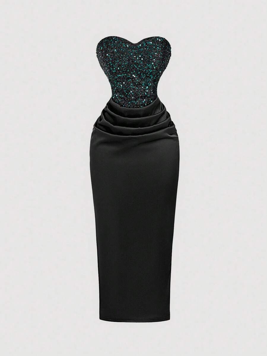 SHEIN MOD 优雅亮片拼布露肩连衣裙 - 墨綠色 - 查看 1