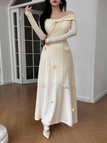 Feyla 3D花卉扭花露肩长袖优雅优雅连衣裙 - 杏色 - 查看 5