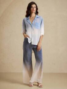 Briarwyn 女士四季服装 Old Money Style 女士休闲通勤渐变色拼色透视口袋衬衫，春夏季，返校季，女士纽扣衬衫，保暖 - 藍色 - 查看 6