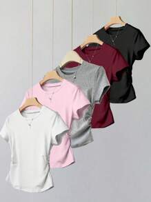 SHEIN Explorewe 5 件套青少年女孩纯色短袖 T 恤，侧面有褶皱，休闲，适合学校、郊游、校园生活、ins 风格上衣 - 彩色 - 查看 1