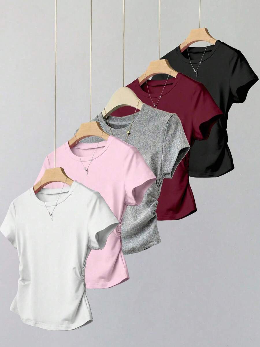 SHEIN Explorewe 5 件套青少年女孩纯色短袖 T 恤，侧面有褶皱，休闲，适合学校、郊游、校园生活、ins 风格上衣 - 彩色 - 查看 1