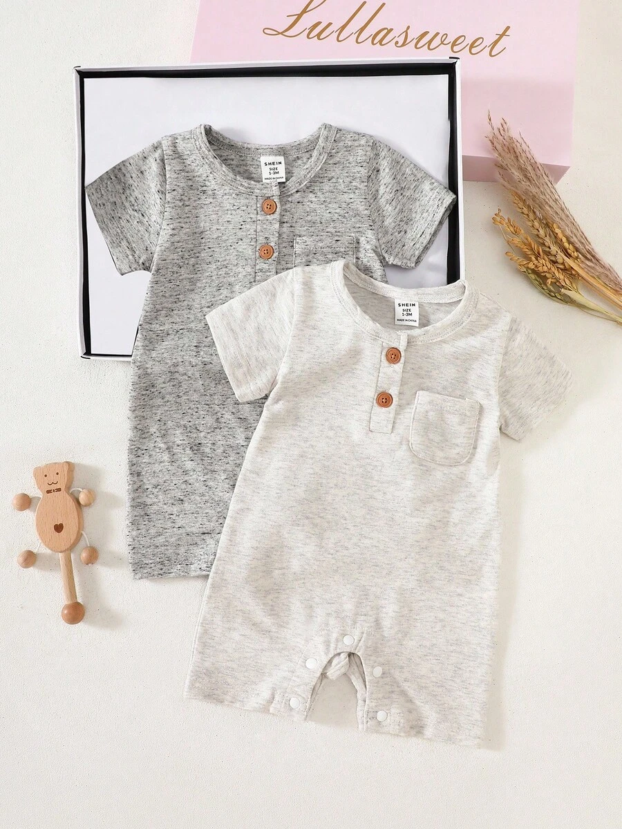 SHEIN 2 件新生儿男女款短袖连体衣，纯色连体衣，柔软舒适的服装，可作为礼物，每个宝宝的必备品，适合所有季节和户外