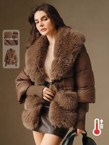Anewsta Women's Luxurious Faux Fur Collar Lantern Sleeve Thickened Fashion Jacket - Brown - View 1