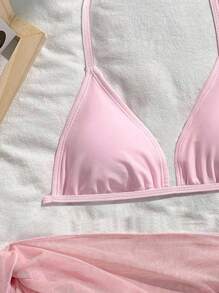 SHEIN 3pcs Teen Girl Swimsuit Set, Black Series, Beach Holiday Party, Spring/Summer 3 Piece Swimsuit Set Teen Bikini 3 Piece Set Pink Teen Swimsuit Bathing Suit Set Girls Bikini Set Stylish Pink Halter Bikini And Skirt Set For Teen Girls Ideal For Summer Getaways Teen Girls Pink Halter Bikini Set With Asymmetrical Skirt Perfect For Vacations Vacation-Ready Pink Halter Neck Bikini Set With Short Skirt Wrap For Teens Vacation-Ready Plain Pink Halter Bikini With Short Sheer Skirt Pink Teen Swimsuits