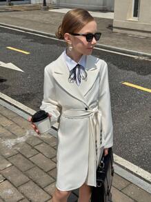 Tween Girls Daily Commute British Style Long Waist Cinched Pleated Tie Slim Fit Jacket, Suitable For Daily Commute Wear - White - View 7