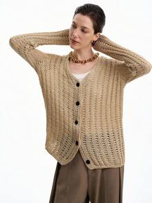 SHEIN LUNE 初秋度假风V领优雅复古宽松休闲开衫，轻盈针织镂空V领宽松版型纽扣外套 - 卡其色 - 查看 3