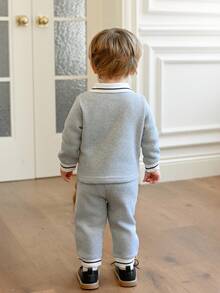 Souflis Souflis 2pcs/Set Toddler Boys' Minimalist Polo Collar Grey Long Sleeve Top And Grey Cuffed Pants, Autumn/Winter Baby Tracksuit Baby Boys Outfit Baby Casual Sets Baby Clothing Boy - Grey - View 2