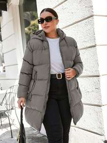 EURMUSE 大码女式纯色长袖拉链连帽休闲冬季夹克 - 深灰色 - 查看 1