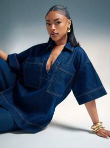 Denimoi 女士时尚落肩宽松牛仔衬衫，夏季 - 藍色 - 查看 3