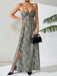 Chiquease 佩斯利印花吊带露背吊带连衣裙 超长度假海滩装 女款 - 綠色 - 查看 5