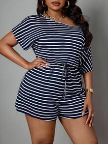 SHEIN PETITE CURVE 大尺碼女款連身褲，休閒條紋連身褲，秋季女裝連身裙套裝，女款連身褲，秋季女裝 - 藏蓝色 - 查看 6