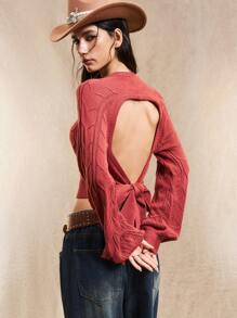 Easelle 秋冬镂空后背蝴蝶结毛衣 砖红色复古游牧风修身后背蝴蝶结复古红色针织衫 初秋 - 玫瑰紅 - 查看 4