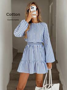 Easowa Round Neck Button Half-Open Collar Waist Gathered Ruffled Hem A-Line Maxi Dress, Long Sleeve, Casual Loose Commuter Vintage Style Cotton Striped Mini Dress For Women - Blue and White - View 1
