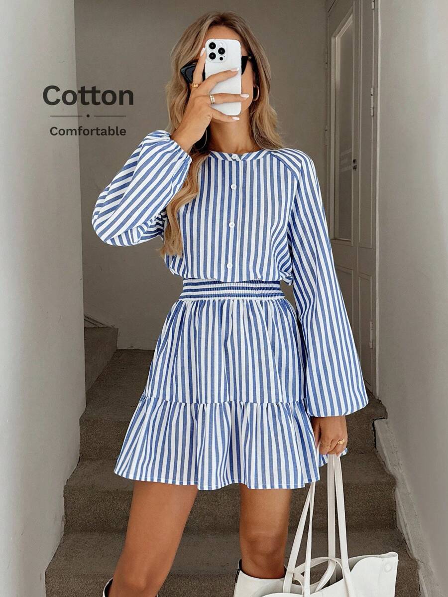 Easowa Round Neck Button Half-Open Collar Waist Gathered Ruffled Hem A-Line Maxi Dress, Long Sleeve, Casual Loose Commuter Vintage Style Cotton Striped Mini Dress For Women - Blue and White - View 1