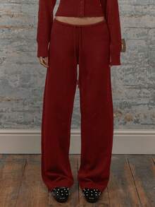 MUSERA Low Rise Drawstring Waist Rib Knit Wide Leg Casual Trousers Airport Holiday Vacation Summer Beach Fall Autumn Winter Everyday  Office  Chic - Burgundy - View 2