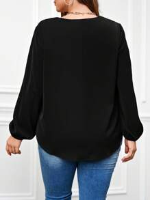 EMERY ROSE 大尺碼v領燈籠袖上衣 - 黑色 - 查看 2