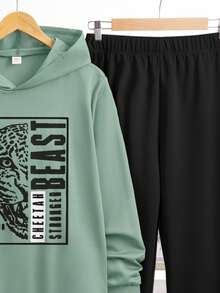 SHEIN 2 件套青少年男童休闲动物和英文字母印花连帽运动衫和抽绳裤套装，适合秋季、冬季、学校、家居、运动、简单百搭的日常穿着 - 薄荷綠 - 查看 5