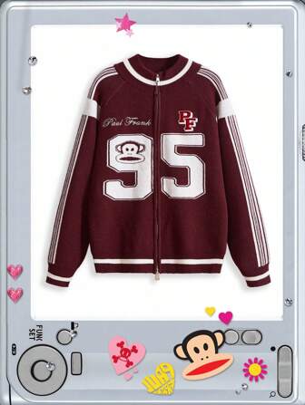 Paul Frank X ROMWE Women's Number & Cartoon Pattern Long Sleeve Cardigan Sweater