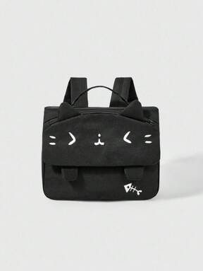 Anime 1pc Black Cute & Sweet School Style Cat Face & Fish Bone Print Fashion Backpack, Suitable For School, Travel, Anime Inspired