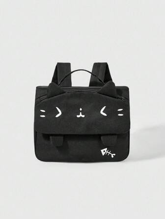 1pc Black Cute & Sweet School Style Cat Face & Fish Bone Print Fashion Backpack, Suitable For School, Travel, Anime Inspired