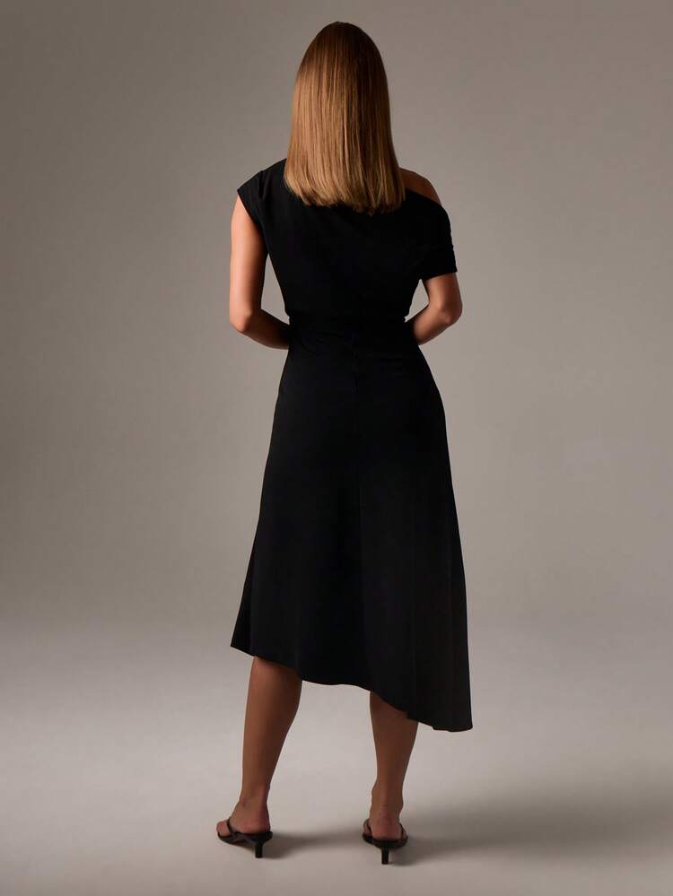 One Shoulder Asymmetrical Midi Dress With Draped Detail