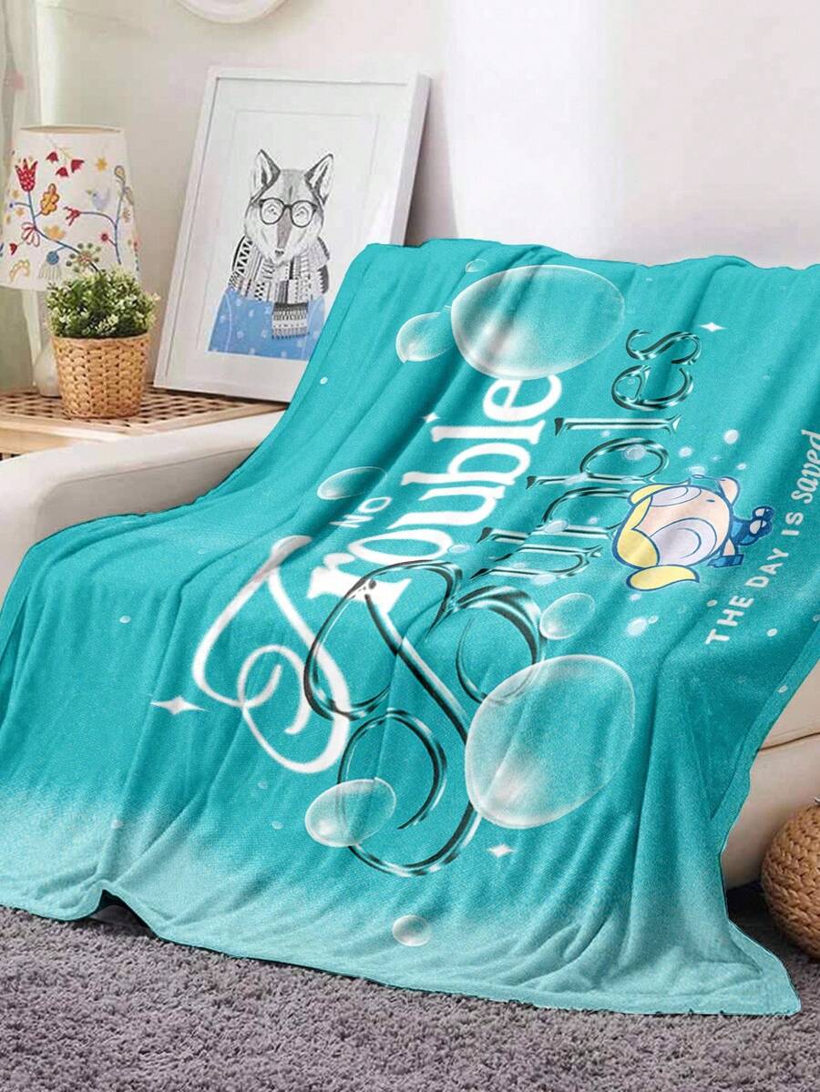 THE POWERPUFF GIRLS X SHEIN 泡泡图案毛毯蓝绿色美学柔软蓬松盖毯舒适卡通床罩卡哇伊可爱闪亮装饰 - 彩色 - 查看 1