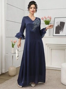 SHEIN Najma Women's V-Neck Beaded Floral Double Ruffle Sleeve Arabic Style Dress, Spring/Summer - Navy Blue - View 5