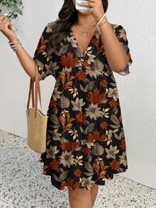 SHEIN Frenchy 加大码枫叶印花纹理连衣裙，适合秋季度假 - 彩色 - 查看 5