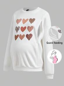 SHEIN Pregnant Women Heart Print Casual Nursing Sweatshirt Fall Clothes Long Sleeve - White - View 1