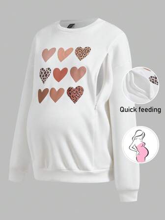 SHEIN Pregnant Women Heart Print Casual Nursing Sweatshirt Fall Clothes Long Sleeve