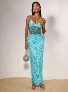 SHEIN BAE Spring Summer Solid Blue Suspenders Elegant Beaded Flowers Delicate Long Dresses, Holiday Sequin Suspenders Dresses For Beach Vacations, Beach Skirts, Music Festival Skirts, Birthday Dresses, Brunch Dresses, Wedding Dresses Bridesmaid Dresses, Wedding Guest Dresses - Blue - View 3